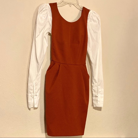 🍁 Forever 21 Contemporary 🍁 Burnt Orange Waffle Knit Bib Pleat Mini Dress Sz S - Picture 5 of 10